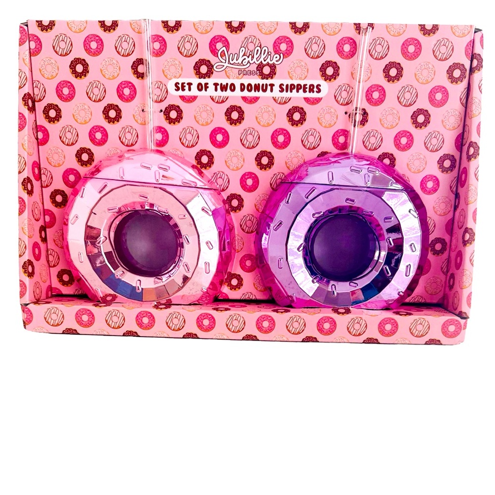Set of 2 Pink Metallic Donut Sippers with Straws